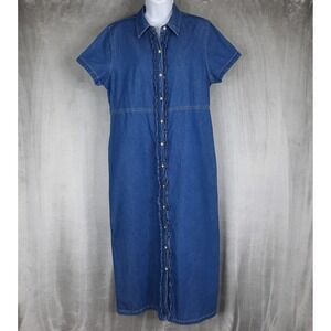 Vtg Bobbie Brooks Denim Maxi Dress Large Ruffled Button Front 90s Cottagecore